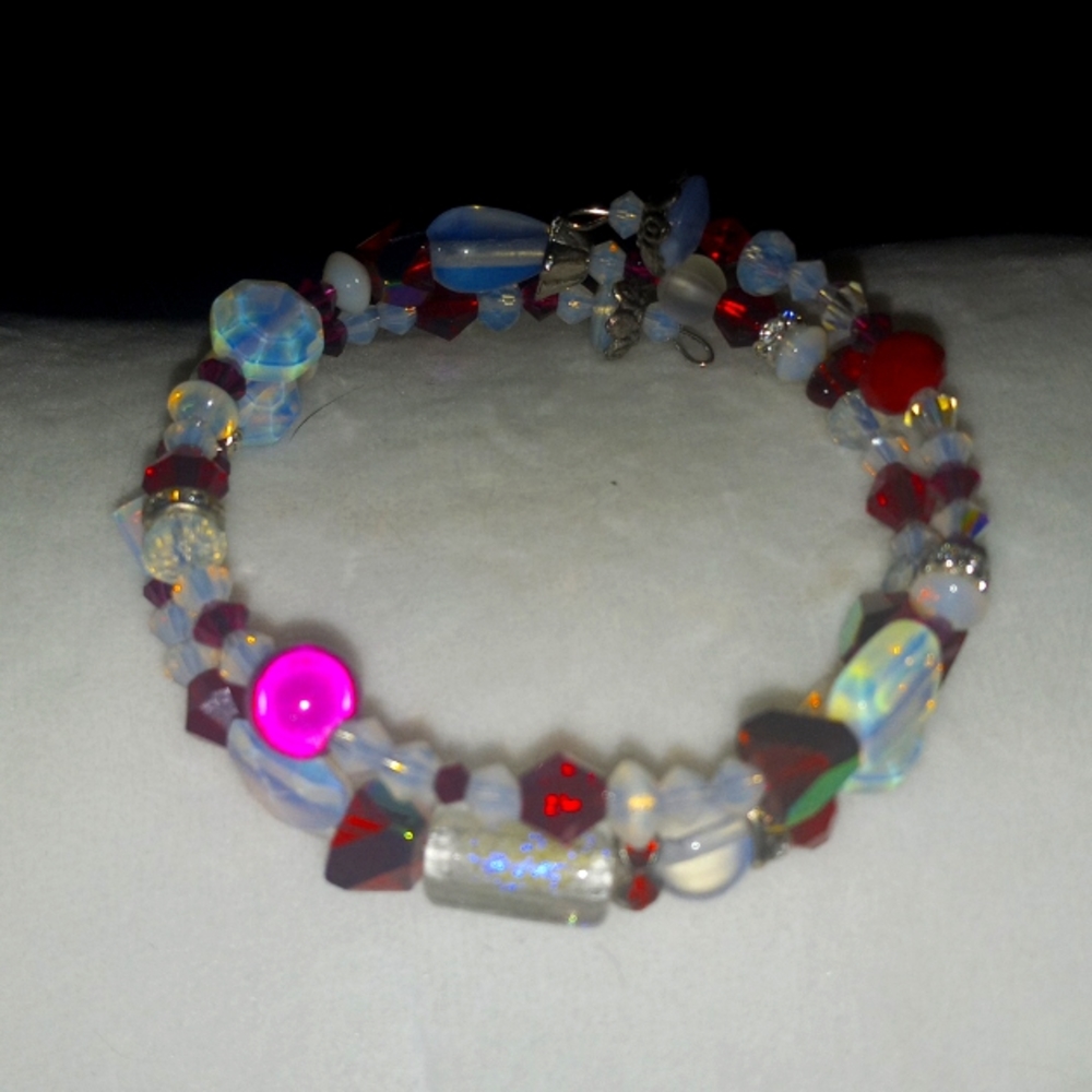 Pretty Czech beaded bracelet ruby crystals on memory wire and opalite